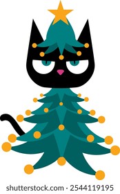 Charming black cat dressed in a Christmas tree costume, bringing a whimsical and festive vibe to holiday themed designs. Perfect for adding joy and humor to Christmas visuals with a playful twist. 