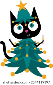 Charming black cat dressed in a Christmas tree costume, bringing a whimsical and festive vibe to holiday themed designs. Perfect for adding joy and humor to Christmas visuals with a playful twist. 