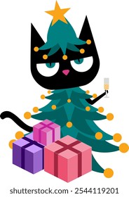 Charming black cat dressed in a Christmas tree costume, bringing a whimsical and festive vibe to holiday themed designs. Perfect for adding joy and humor to Christmas visuals with a playful twist. 