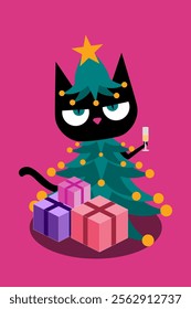 Charming black cat dressed in a Christmas tree costume, bringing a whimsical and festive vibe to holiday themed designs. Perfect for adding joy and humor to Christmas visuals with a playful twist. 