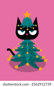 Charming black cat dressed in a Christmas tree costume, bringing a whimsical and festive vibe to holiday themed designs. Perfect for adding joy and humor to Christmas visuals with a playful twist. 