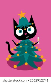 Charming black cat dressed in a Christmas tree costume, bringing a whimsical and festive vibe to holiday themed designs. Perfect for adding joy and humor to Christmas visuals with a playful twist. 