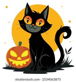 Charming Black Cat with Glowing Eyes Next to a Spooky Pumpkin Under a Full Moon yellow background