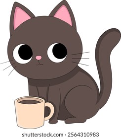 A charming black cat illustration in a cute cartoon style featuring large expressive eyes and a soft beige coffee mug