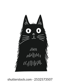 Charming black cat in a modern cartoon style, doodle style, hand-drawn, on a white background