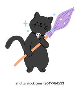 Charming black cat in a skull collar holding a broom, isolated on white. Perfect for cute Halloween designs