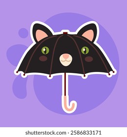 Charming black cat umbrella clipart with playful cartoon style. Hand-drawn flat design, perfect for stickers, children’s decor, and fun seasonal illustrations.