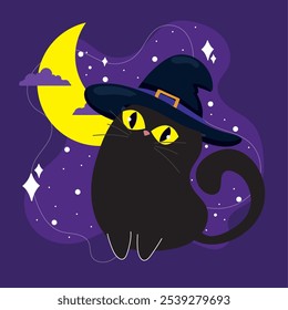 Charming black cat wearing a witch hat beside a crescent moon on purple, Vector illustration