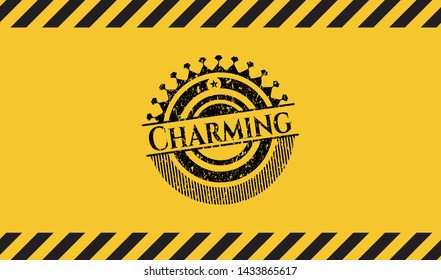 Charming black grunge emblem inside yellow warning sign. Vector Illustration. Detailed.