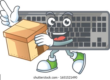 A charming black keyboard mascot design style having a box
