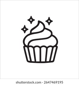 A charming black outline icon featuring a delicious cupcake with whimsical frosting and sparkling stars above, perfect for baking themes dessert menus or celebratory designs.