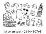 A charming black outline vector doodle set for Italian travel. Features landmarks, fashion, food, and accessories. Perfect for travel blogs, souvenirs, and cultural designs.
