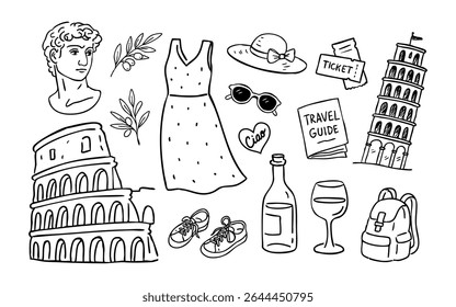 A charming black outline vector doodle set for Italian travel. Features landmarks, fashion, food, and accessories. Perfect for travel blogs, souvenirs, and cultural designs.