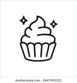Um charmoso ícone de vetor de contorno preto com um cupcake doce com geada girada e duas estrelas cintilantes, perfeito para projetos de padaria, convites para festas ou gráficos com tema de sobremesa.
