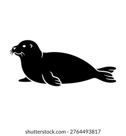charming black seal silhouette lying in profile featuring detailed whiskers and flippers isolated on white background for marine wildlife vector design or ocean animal mascot branding and logo