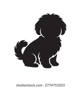 Charming black silhouette of a small sitting dog with long fur on white background