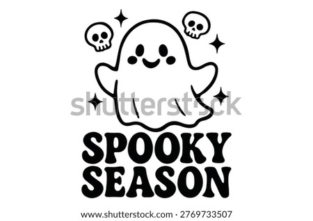 A charming black and white cartoon ghost with a smiling face is surrounded by stars and text.