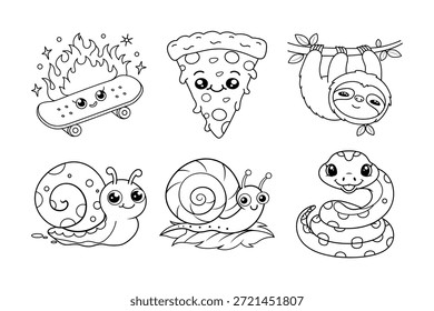 Charming Black and White Cartoon Set Featuring a Skateboard, Pizza, Sloth, Snail, Caterpillar and Worm, Ideal for Children's Illustrations