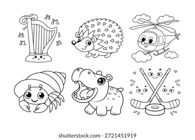 Encantador conjunto de dibujos animados en blanco y negro con Instrumentos musicales, animales y Objetos juguetones para colorear páginas y Diseños para niños