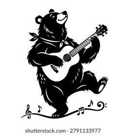 Charming black and white character illustration of a bear standing on its hind legs and playing a ukulele with musical notes.