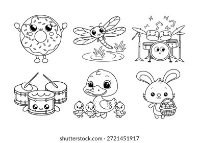Charmante Schwarz-Weiß-Kollektion süßer Cartoon-Illustrationen: Donut, Dragonfly, Drum Set, Ducklings, Drum and Bunny