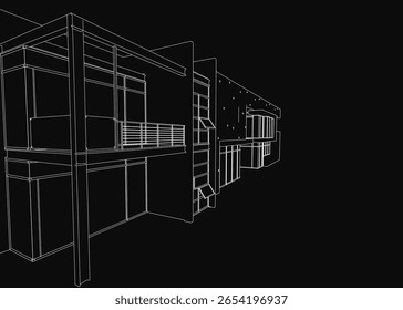 A charming black and white cottage with numerous windows and intricate architectural details, resembling a 3D model. The dark background highlights the building's balconies and fine textures.