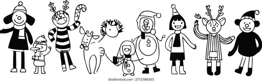 Charming black and white doodle characters celebrate the winter holidays with joyful festive spirit