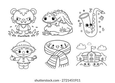 Charming Black and White Doodle Set Featuring Cute Animals, Musical Instruments, and a Cozy Winter Scene for Coloring Pages and Creative Projects