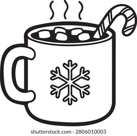 Charming black and white doodle of a steaming mug filled with hot cocoa, topped with marshmallows and a candy cane, perfect for seasonal graphics, Christmas food, Christmas food vector, Hot coffee vector, Hot steaming coffee, color, coloring page, kids coloring page, coloring page illustration, kids book.