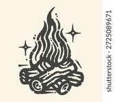 A charming black and white drawing of a roaring campfire under a starry sky, evoking warmth and adventure.