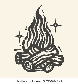 A charming black and white drawing of a roaring campfire under a starry sky, evoking warmth and adventure.