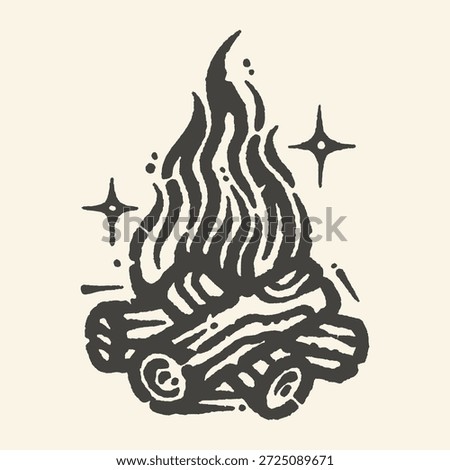 A charming black and white drawing of a roaring campfire under a starry sky, evoking warmth and adventure.