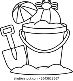 A charming black and white illustration of beach toys, including a sand bucket filled with sand, a shovel, and a beach umbrella with a crab peeking over it, isolated on a white background.