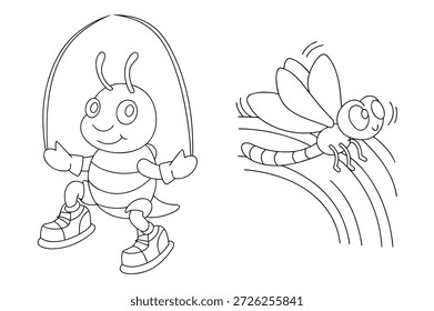 Charme preto e branco ilustração de uma corda de salto de abelha e uma libélula em voo, perfeito para crianças colorir livros