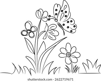 A charming black and white illustration of a butterfly perched on a cluster of stylized flowers amidst blades of grass.