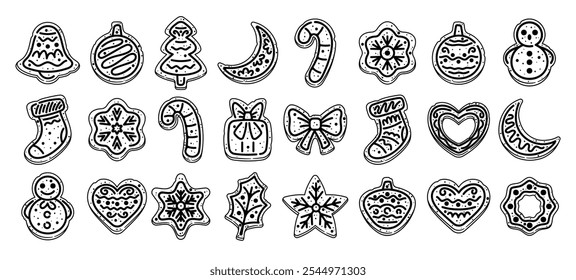 Charming Black And White Illustration Of Christmas Gingerbread Cookies Featuring Various Holiday Shapes Like A Tree, Bell, Stocking, And Snowman Creating A Festive And Nostalgic Atmosphere For Holiday