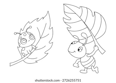 Charming Black and White Illustration of Cute Insects with Leaves, Perfect for Kids Coloring Books and Interior Design Elements