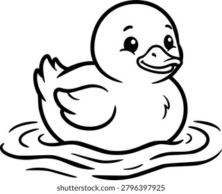 Charming black and white illustration of a cute cartoon duckling gently floating on serene water with a happy expression.