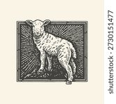 A charming black and white illustration in an engraving style depicts a young lamb in a field, set against a striking sunburst pattern.