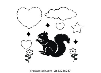 A charming black and white illustration features a stylized squirrel silhouette, surrounded by decorative elements like hearts, clouds, stars, and flowers.