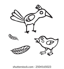 A charming black and white illustration featuring two cartoon birds along with a few feathers. for children's books, educational content, or coloring activities. The larger bird stands tall.