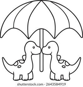 Charming Black and White Illustration Featuring Two Adorable Dinosaurs Standing Comfortably Under a Large Umbrella, Providing a Playful and Heartwarming Scene on a Transparent Background
