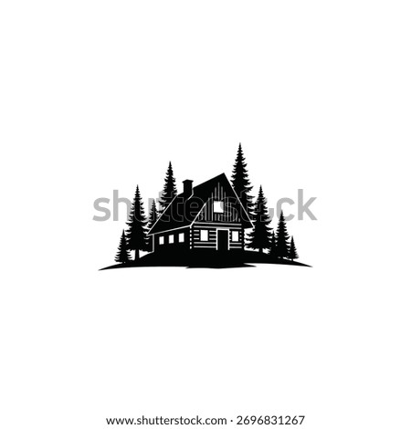 A charming black and white illustration of a log cabin surrounded by evergreen trees.
