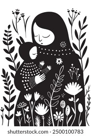 Charming black and white illustration of a mother hugging her child, surrounded by flowers, perfect for Mother's Day celebration.
