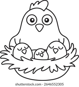 Uma encantadora ilustração em preto e branco de uma galinha mãe aninhada com seus três filhotes em um ninho acolhedor. Este bonito, desenho simples é isolado em um fundo branco, perfeito para colorir páginas ou crianças