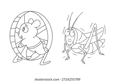 Charmoso preto e branco ilustração de um rato em uma roda e um gafanhoto, perfeito para crianças colorir livros e design de interiores