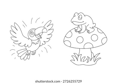 Encantador conjunto de ilustración en blanco y negro de un tucán volador y una rana en una seta de lunares, perfecto para libros para colorear para niños