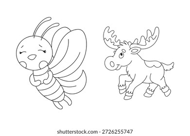 Charmante Schwarz-Weiß-Illustration Set einer süßen Biene und verspielten Elch, perfekt für Kinder Malbücher und Interior Design Elements
