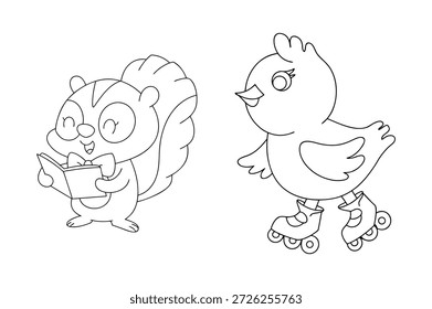 Charmante Schwarz-Weiß-Illustration eines Eichhörnchens Lesung und ein Vogel Rollschuhlaufen, perfekt für Kinder Malbücher und Innenausstattung
