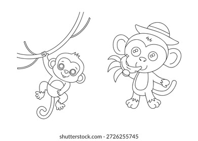 Encantadora ilustración en blanco y negro de dos monos juguetones, perfecto para colorear libros y decoración de la habitación de los niños